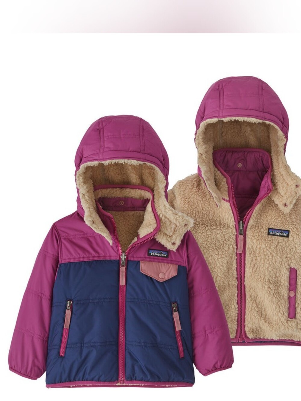 Patagonia Kids Reversible Tribbles Hooded Jacket - Magenta & Navy with Cream